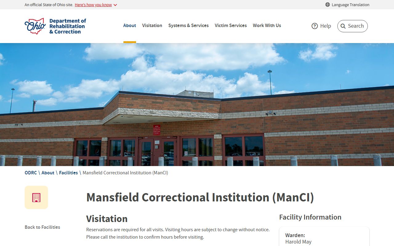 Mansfield Correctional Institution inmate lookup facility page