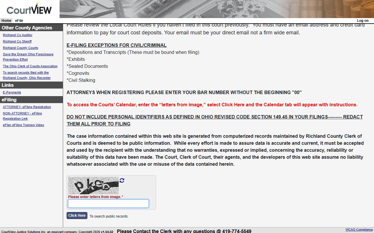Richland County Common Pleas eServices public case inquiry portal