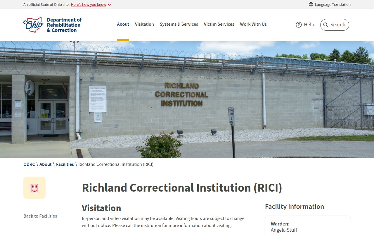 Richland Correctional Institution inmate lookup facility page