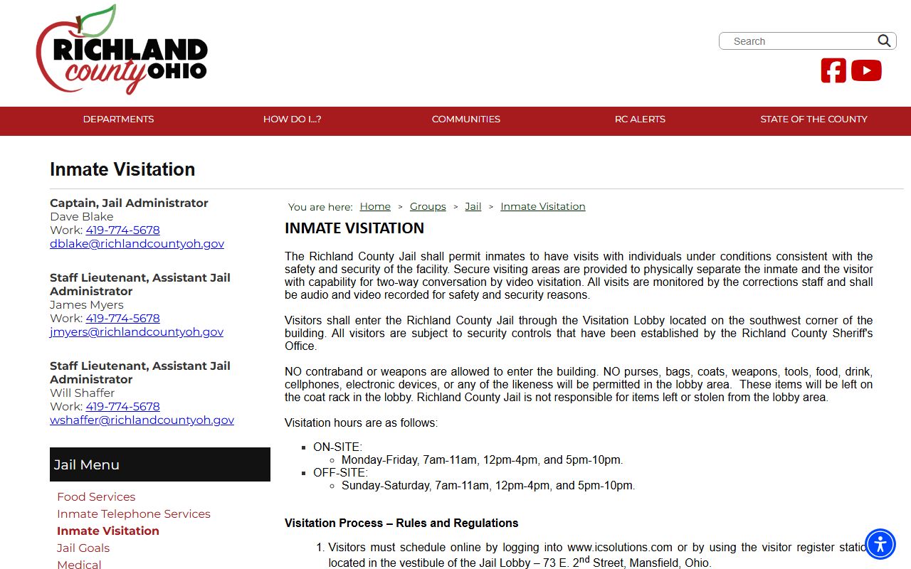 Richland County Jail inmate visitation schedule and rules