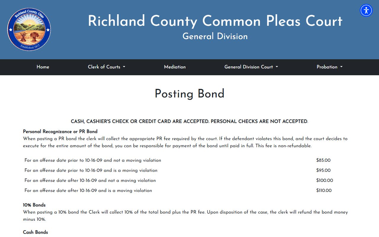 Richland County Common Pleas posting bond page