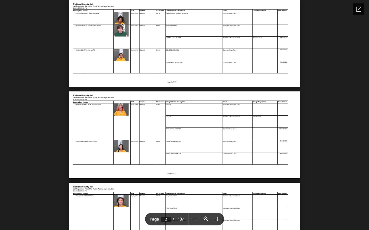 Richland County inmate population roster PDF with booking photos and jail record fields