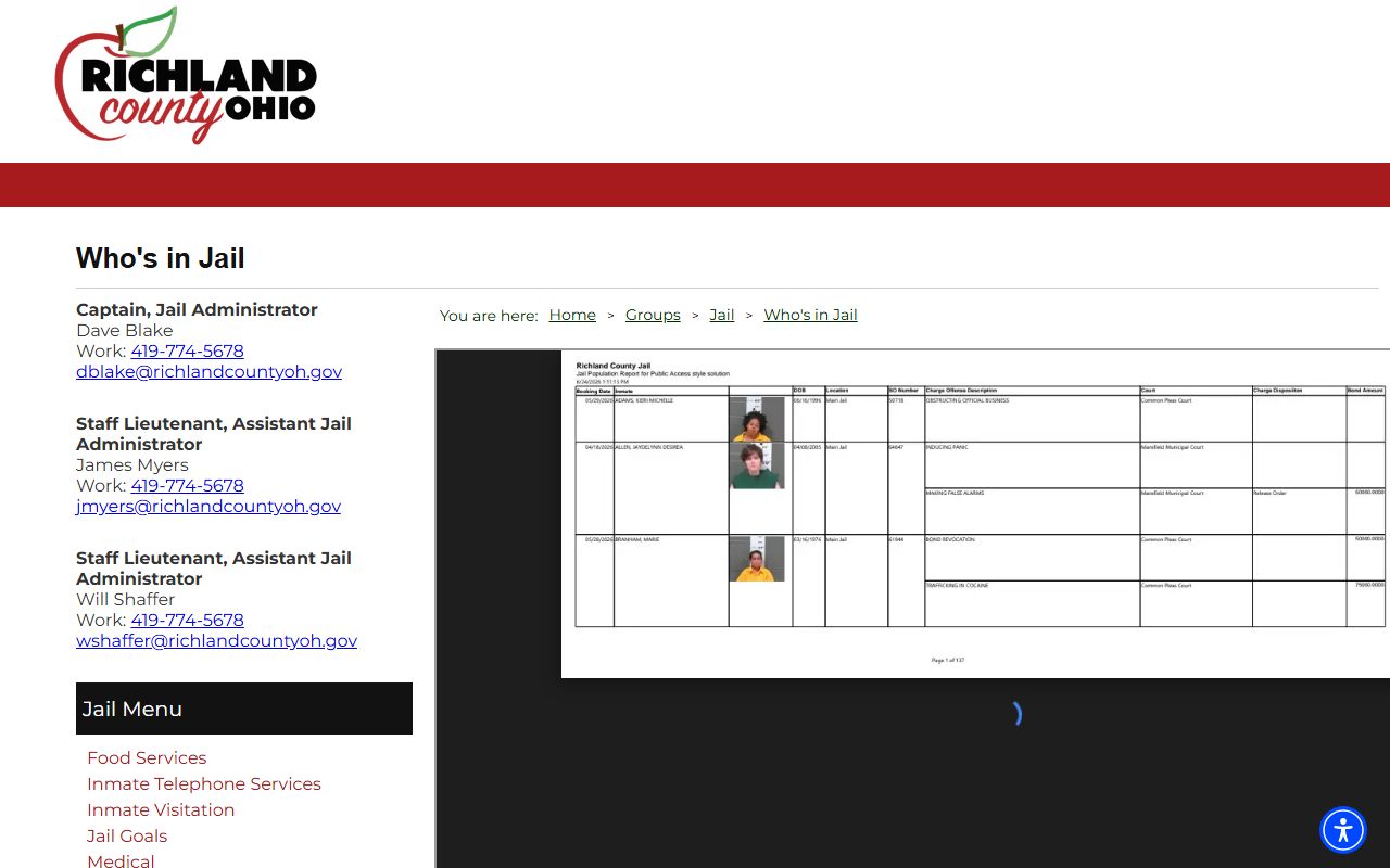 Richland County inmate records Who's in Jail roster page